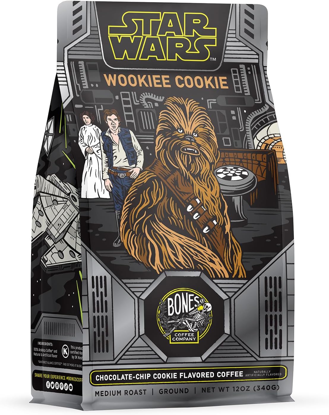 Bones Coffee Company Star Wars Wookiee Cookie Chocolate Chip Cookie Flavored Coffee, Medium Roast Low Acid Arabica Beans Compatible with Auto drip and French Press Coffee Maker, 12 Oz Ground