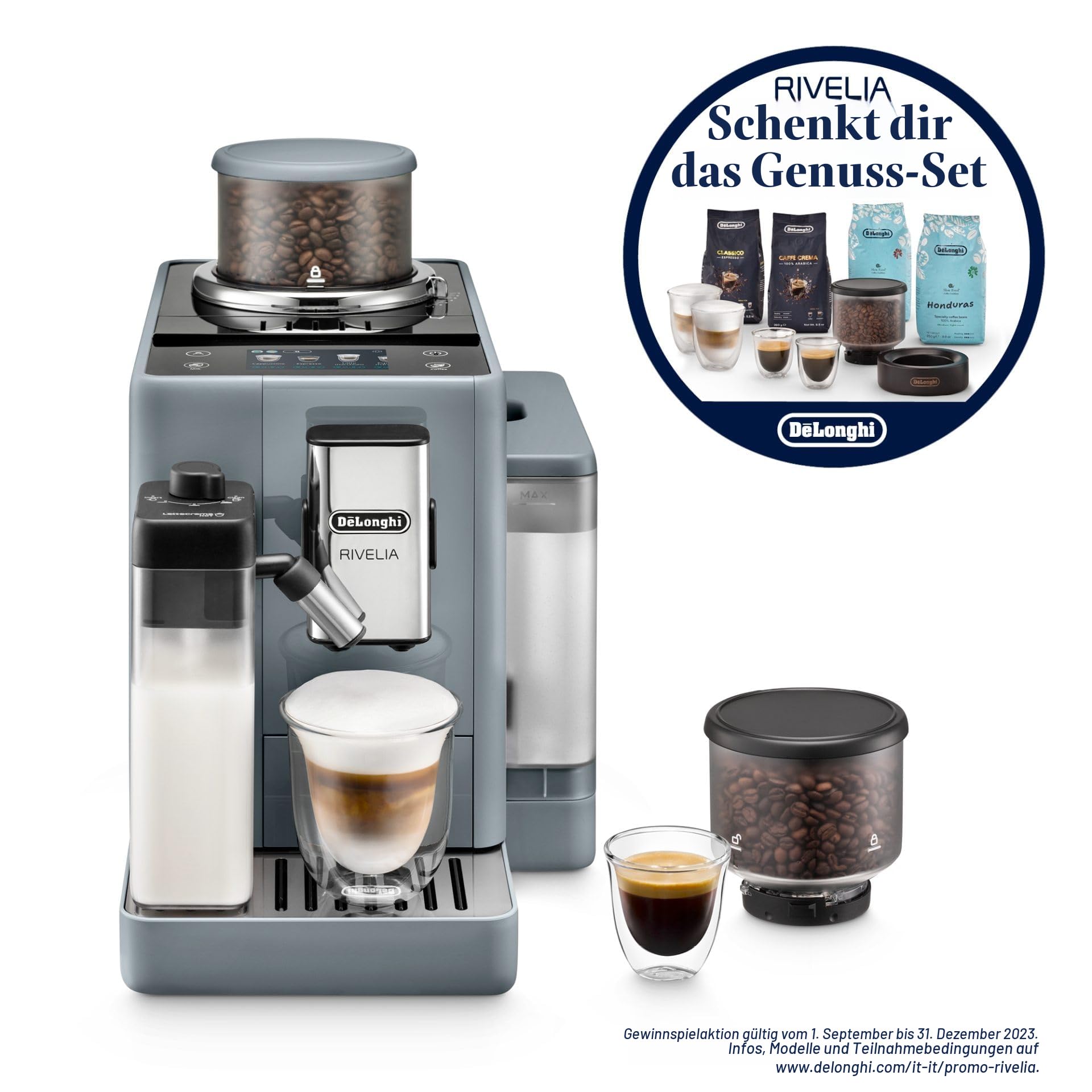 De'Longhi Rivelia EXAM440.55.G Kaffeevollautomat mit LatteCrema Milchsystem, Wechselbarer Bohnenbehälter, 16 Kaffee- & Milchgetränke auf Knopfdruck, Extra-Shot-Funktion, 3,5" Touch-Display, Grau