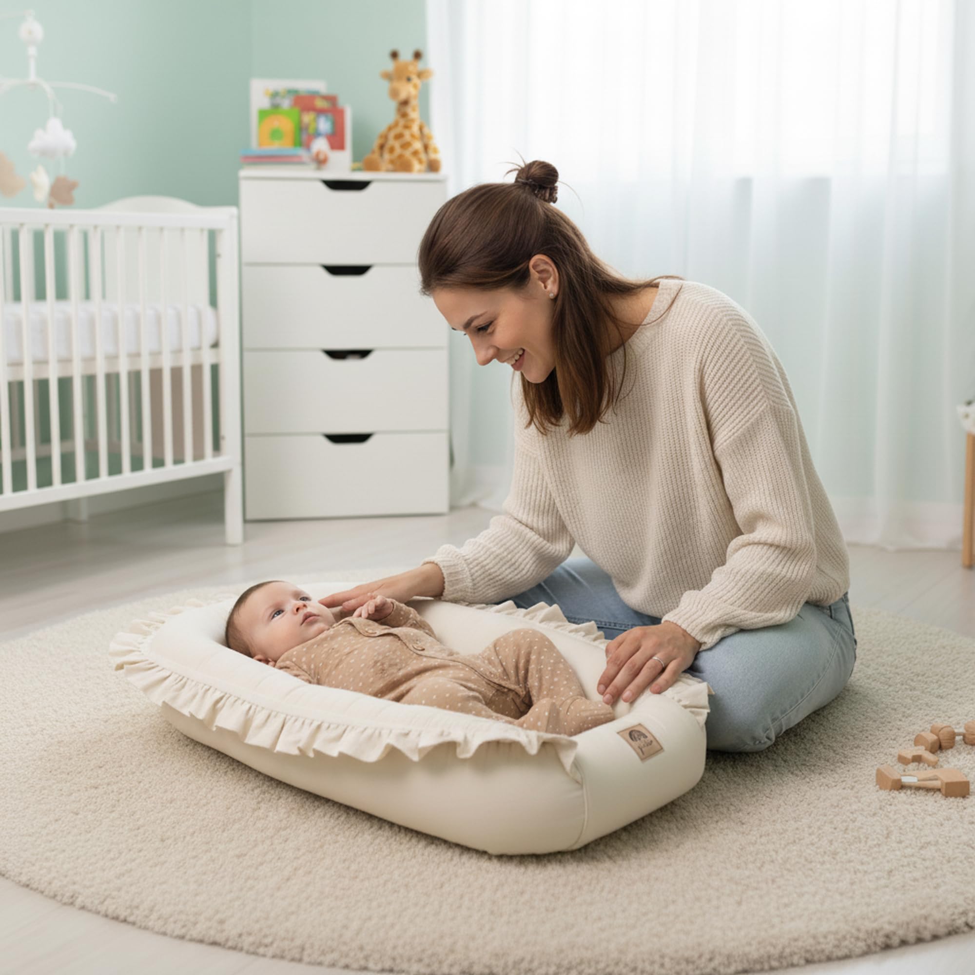 PIMKO Nido de bebé con volantes para bebé, capullo para bebés y recién nacidos, 100% algodón, adecuado para el hogar, 55 x 90 cm (beige con solapa)