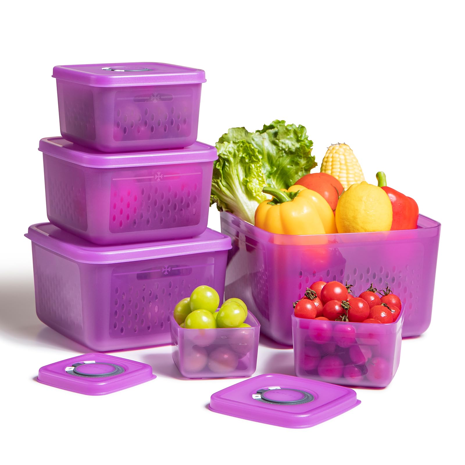 ANJUKE 6PCS (200ml-3700ml) Fruit Storage Containers for Fridge, All-in-One Airtight Food Storage Containers with Lids and 4 Removable Colanders for Washing, Draining, Freshness, date tracker(Purple)