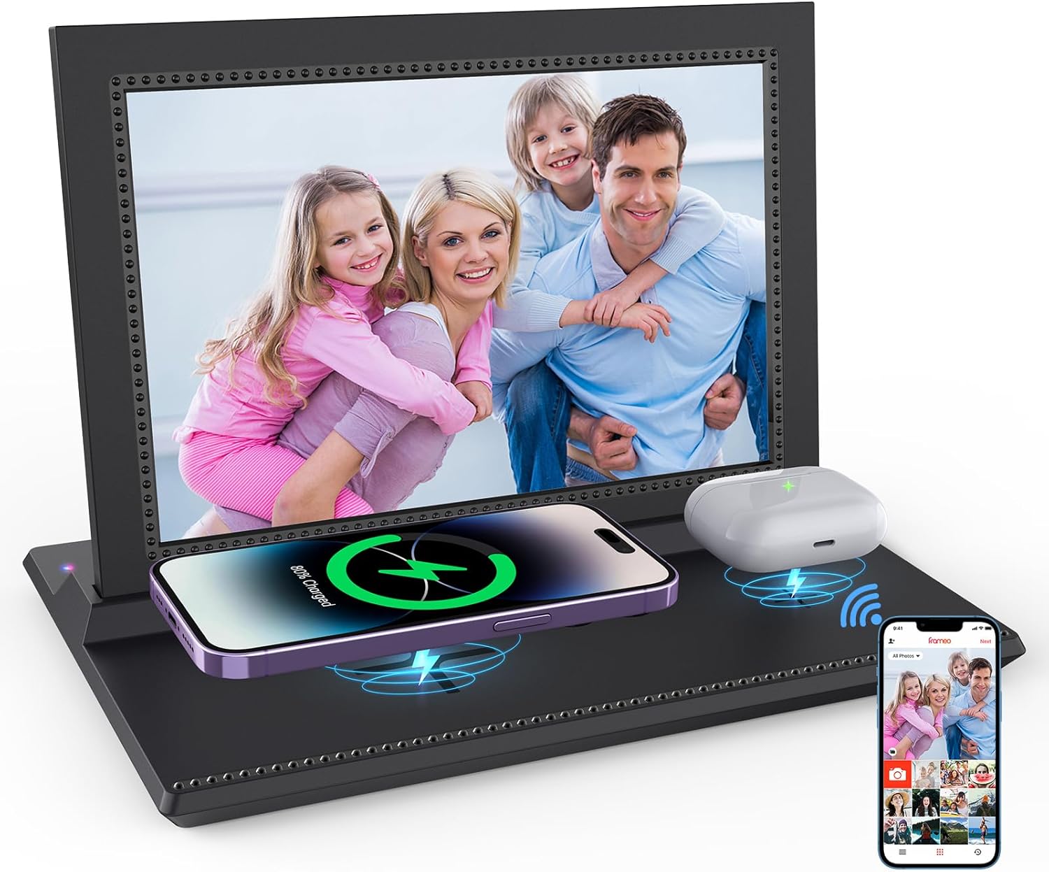 3-in-1 10.1" WiFi Digital Picture Frame with Charging Station.15W for Phone and 5W for Earbuds. Internal 32GB Storage, Free FRAMEO APP, IPS 1280 * 800 LCD Touch Screen with 90 Auto-Rotate.
