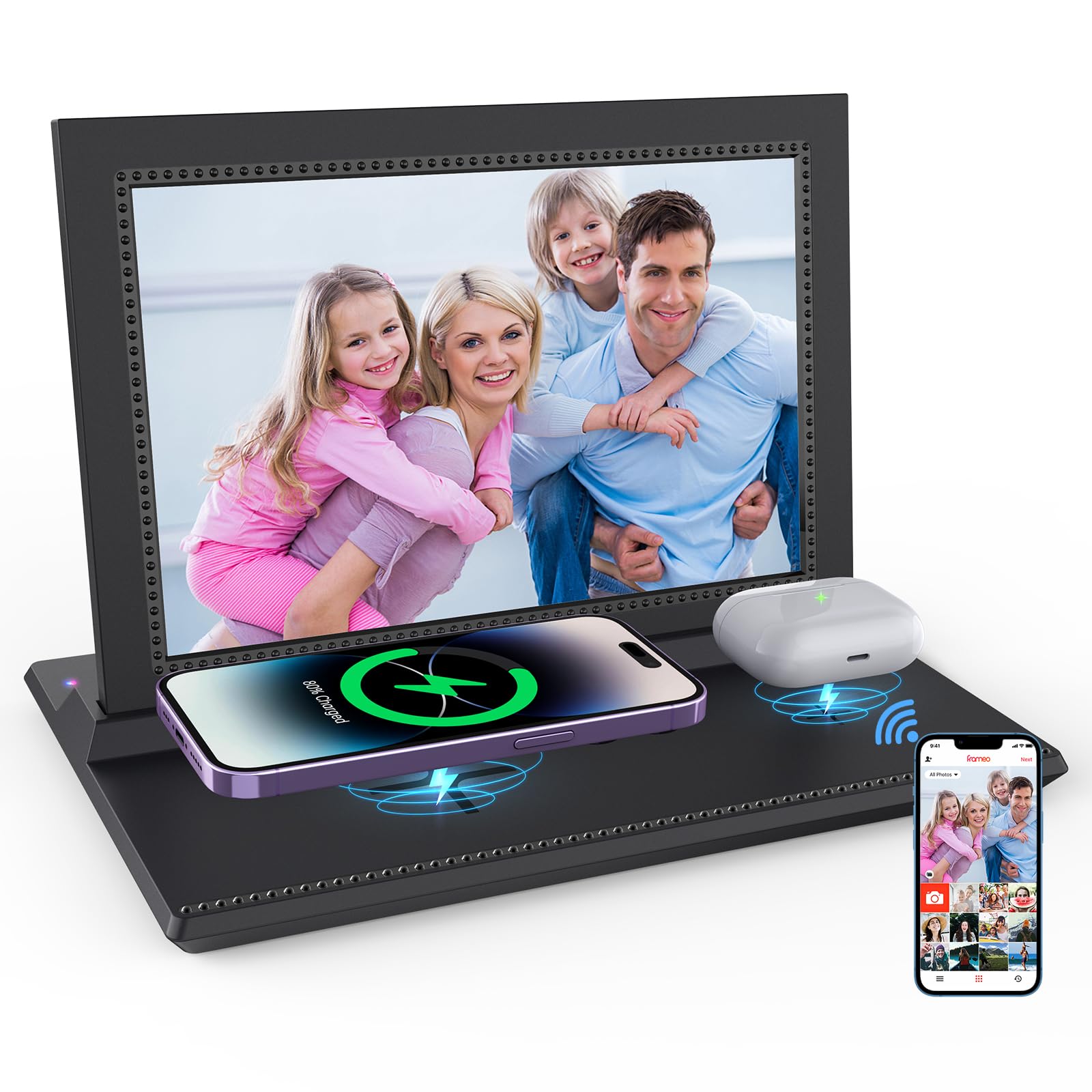 Marco de fotos digital 3 en 1 de 10.1 pulgadas con estación de carga. 15 W para teléfono y 5 W para auriculares. Almacenamiento in