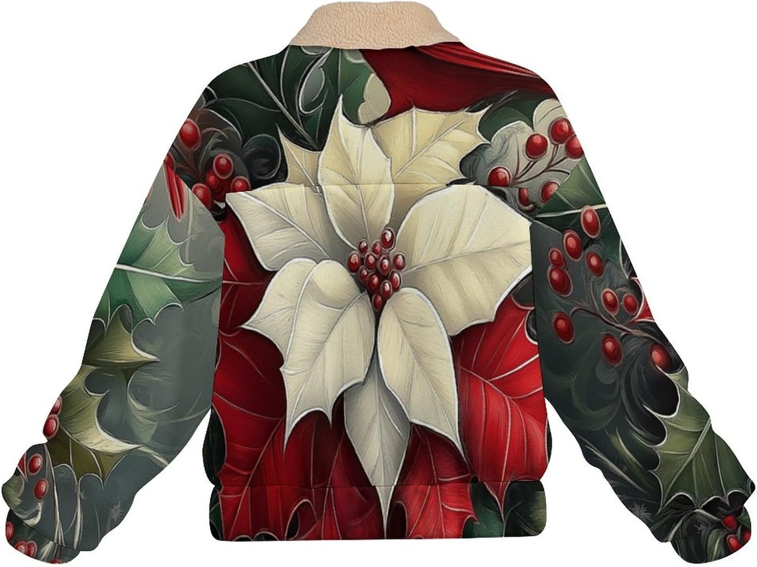 Womens Fleece Jacket with Holly leaves berries Printed, Zip Up Lapel Sherpa Lined Coats,Casual Winter Warm Outwear