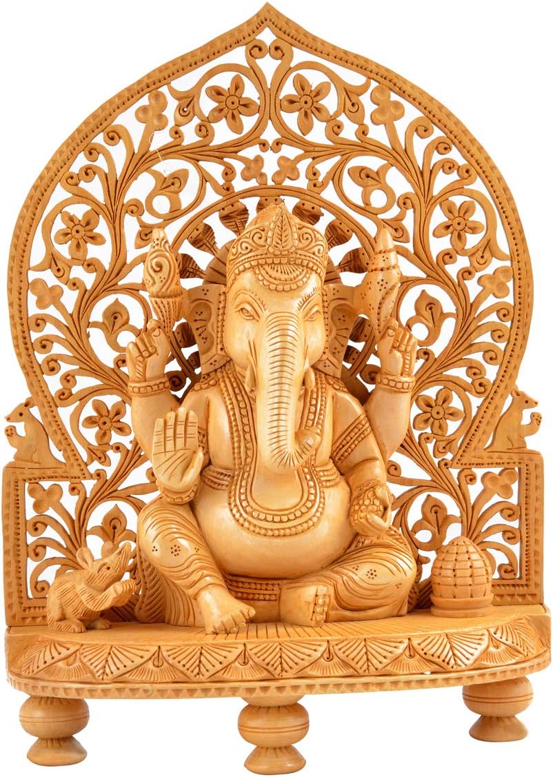 Truesellershop Large Ganesha Hand Carved Wooden Statue - Ganesh Wooden Sculpture Elephant (12" Tall X 8.5" Wide, Ganesha) Wedding Gift