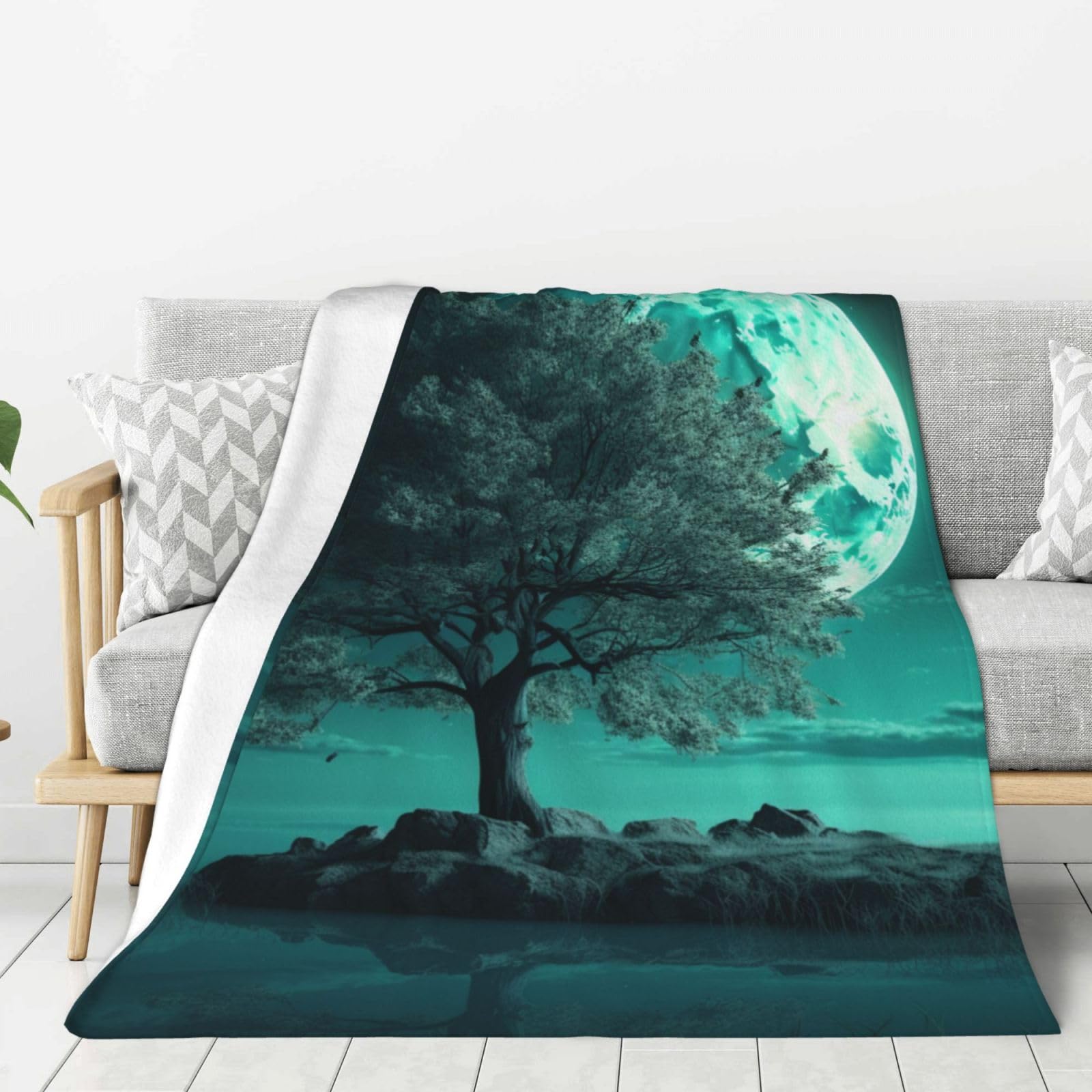 Couverture lavable et légère motif arbre bleu lune en flanelle douce