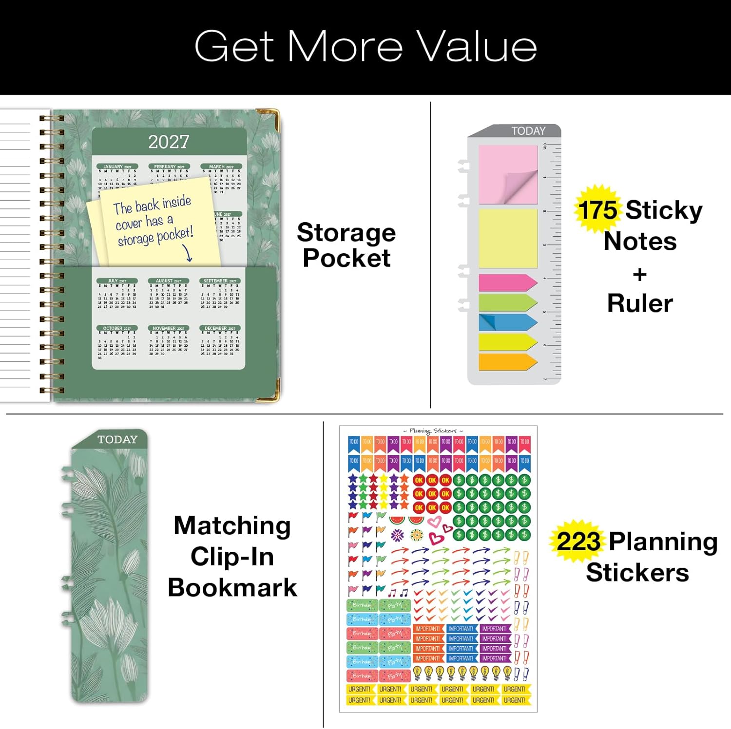 LARGE PRINT HARDCOVER 2026 Planner, 8.5"x11": 14 Months (November 2025 - December 2026), Daily Weekly Monthly Planner, Yearly Agenda, Bookmark, Pocket Folder and Sticky Note Set (Whispering Meadow)