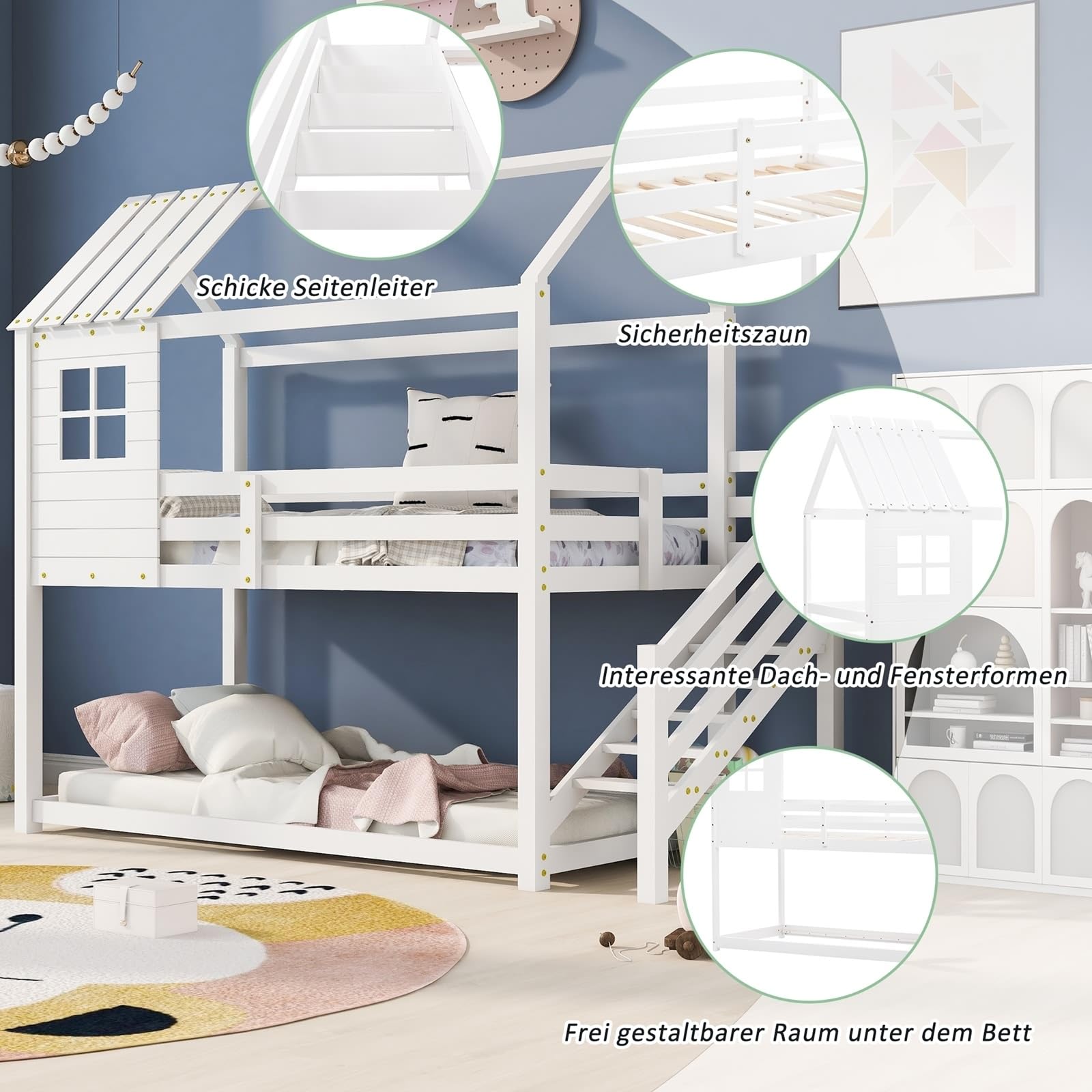 KnSam Etagenbett, Bett mit Ecktreppe, Hausbett, Kinderbett mit Fallschutz und Gitter, Hochbett mit Fenster, Rahmen aus Kiefer, Weiß (200x90cm)