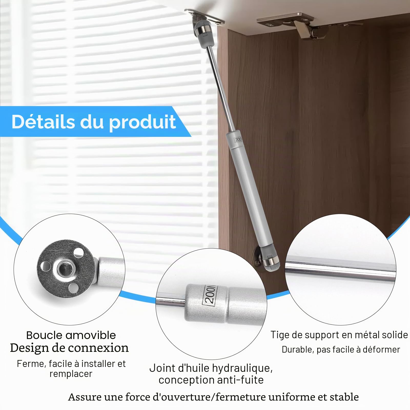 Lot de 4 Vérin à Gaz 200N / 20kg Verin Meuble Ressort Amortisseurs à Gaz avec Vis Verin Hydraulique Levage de Porte Armoire Cuisine Placard Penderie à Chambre Charniè