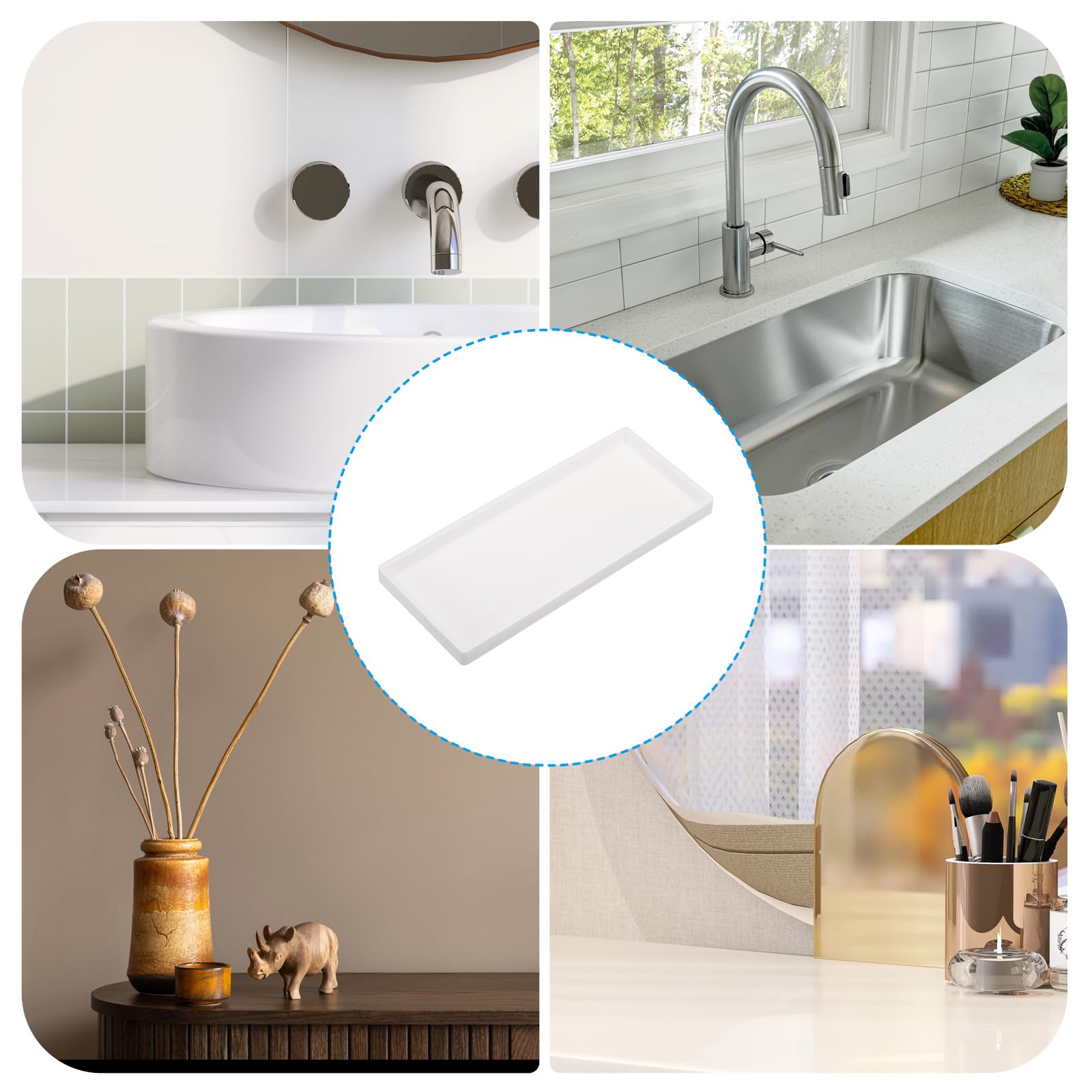 PATIKIL Silicone Salle Bain Plateau, 12" x 5" Savon Distributeur Plateau Bijoux Organiseur Plat pour Toilettes, Commode, Cuisine Évier pour Bijoux, Clé, pure Blanc