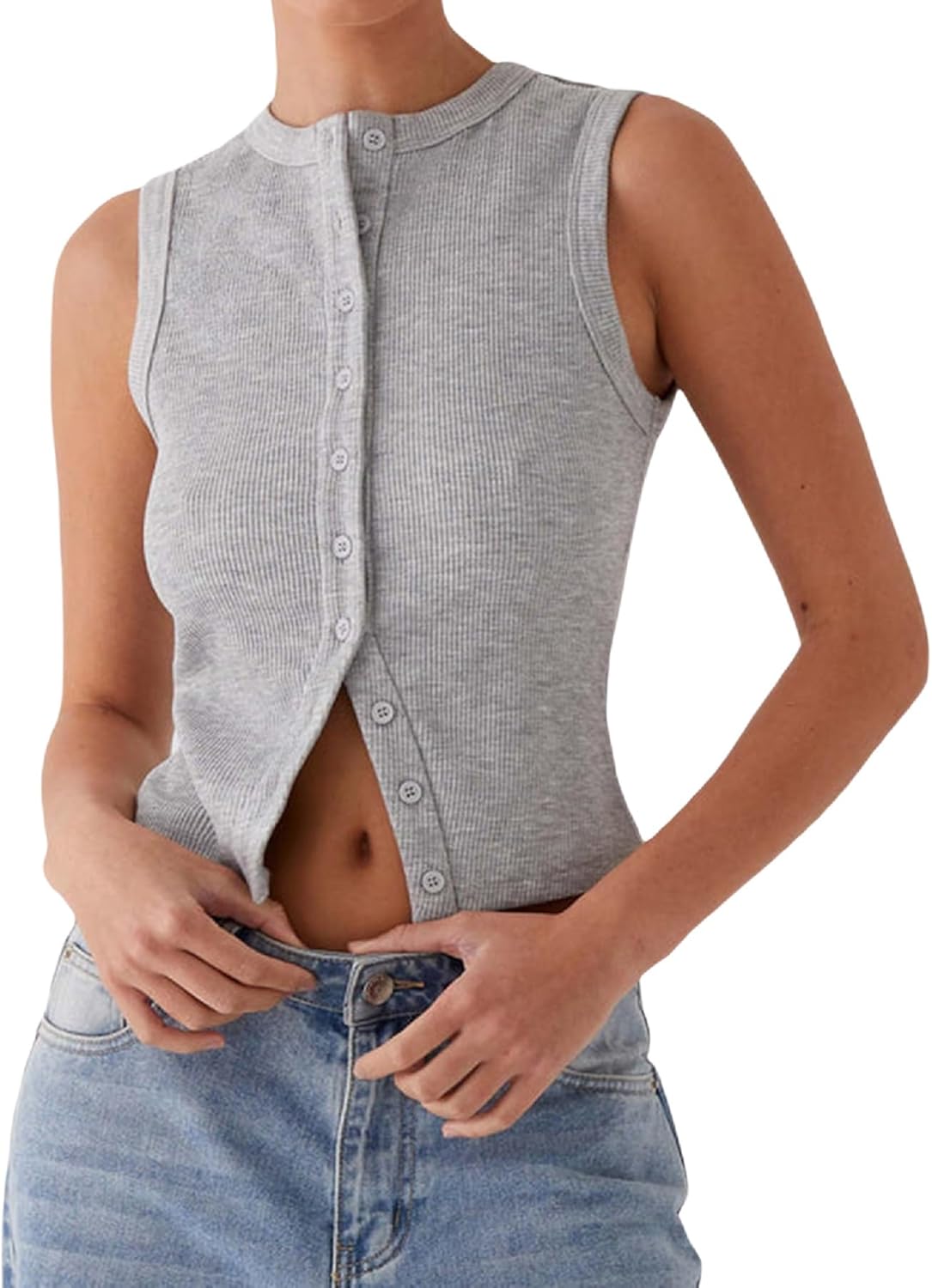 Faretumiya Women Button Down Tank Top Ribbed Summer Vest Tops Slim Fit Open Front Sleeveless Crop Shirt