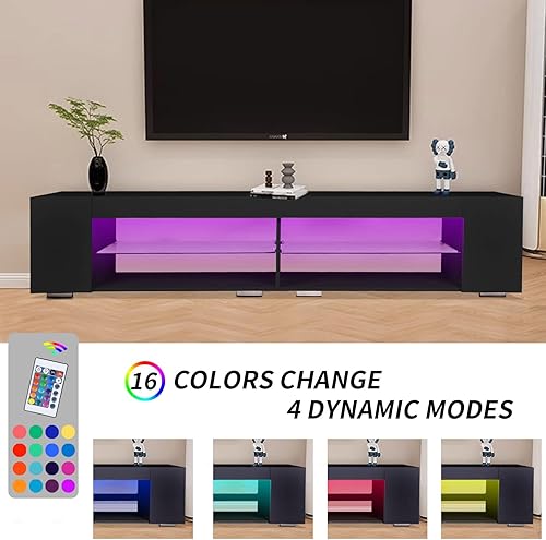 Miniatura 2 de Sala de estar de 70 pulgadas, cajones de almacenamiento y estantes de vidrio, mesa de alto brillo con luces LED, soportes de televisión para