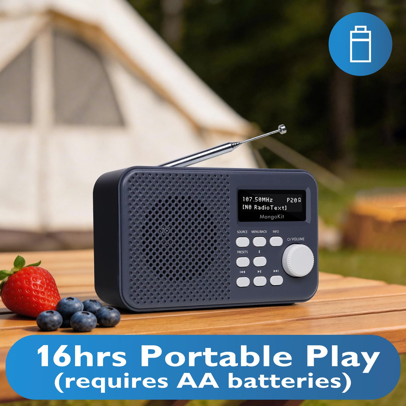 MD2-Plus Radio Dab/Dab+/FM Portable - Diffusion Bluetooth, 40 présélections, Grand écran LCD, Alimentation Secteur ou Piles, Prise Casque, Radio compacte pour Chevet ou Cuisine