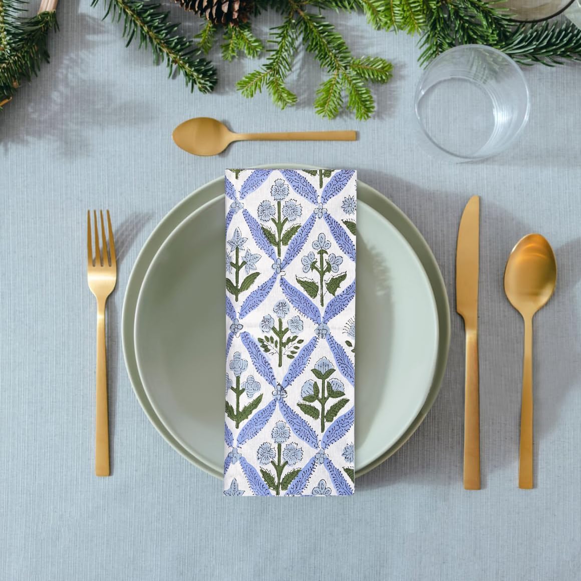 Ridhi Block Print Light Steel Blue Border Napkins 20" x 20" Inch Set 8 -Reusable Cotton Decorative Napkin Kitchen Towel for Everyday Dinning, Wedding, Festive Gift Spring, Easter, Valentine