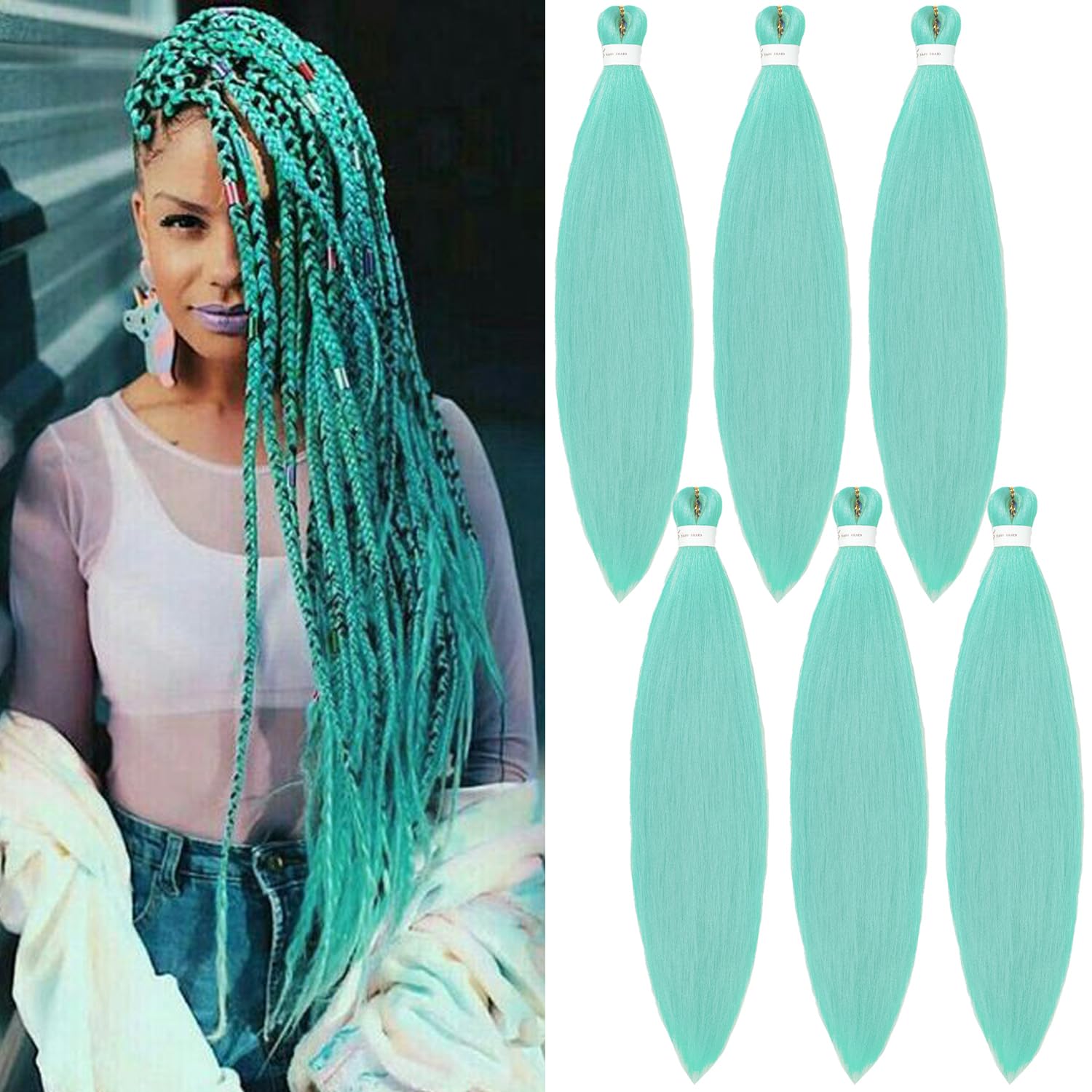 ShowJarlly Mint Green Braiding Hair Pre Stretched 30 Inch Colored Braids Hair Extensions 6 Packs Soft Yaki Braiding Hair Natural Hot Water Setting Hair (30 Inch, Mint)