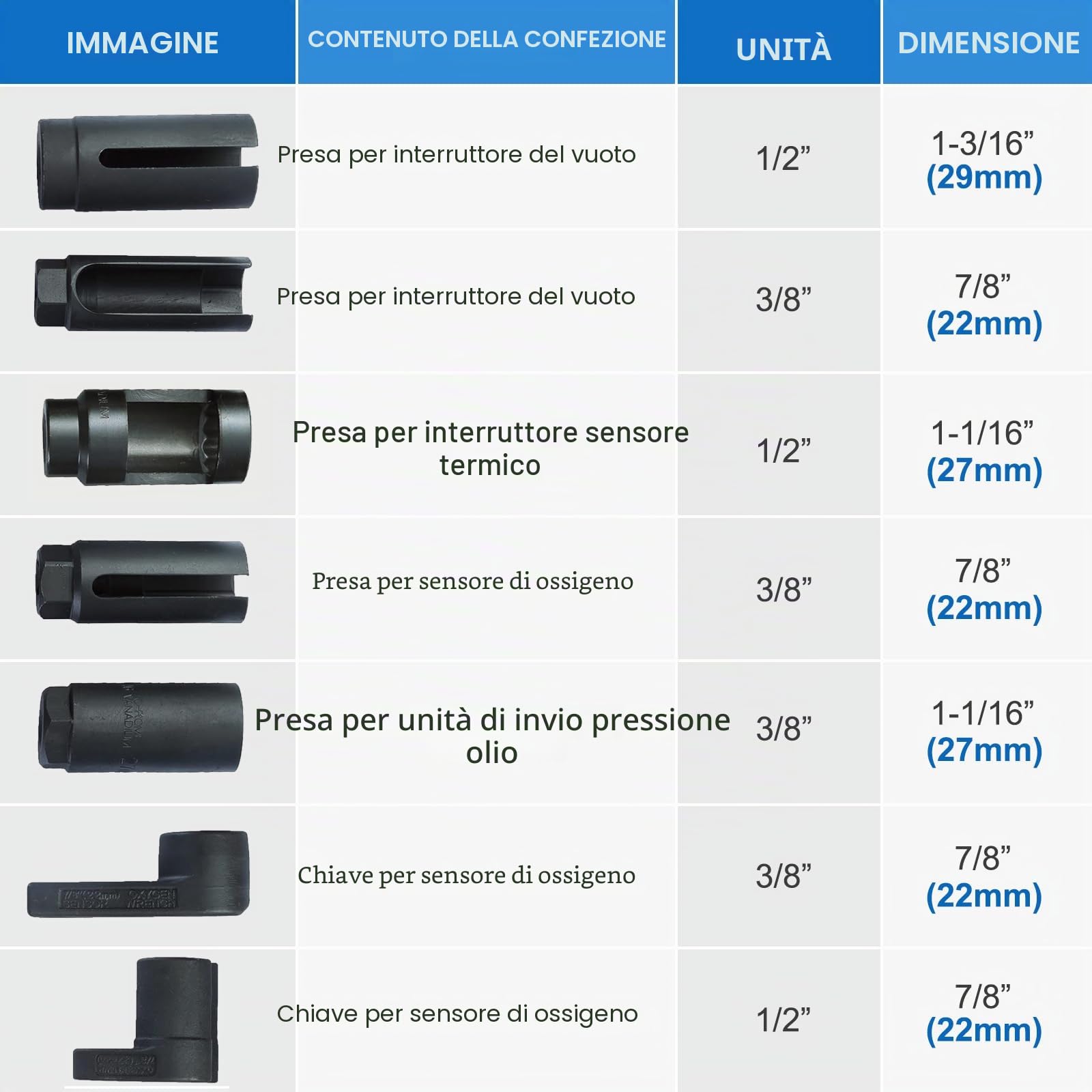 FreeTec 7 Pezzi Set di Chiave Sonda Lambda, 22mm 27mm 29mm Bussole Sensori di Ossigeno O2, 1/2" 3/8" Set Chiave per Smontare Sonda Lambda delle Auto