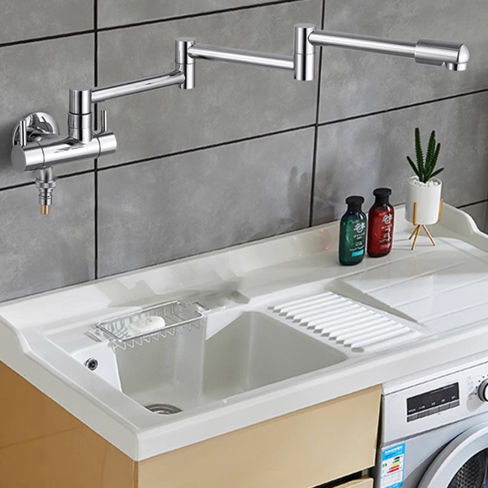 Grifo De Baño Doble Salida Grifo Pared Plegable Grifos para Lavadora con Rotación De 360° Solo Agua Fría,Cromado