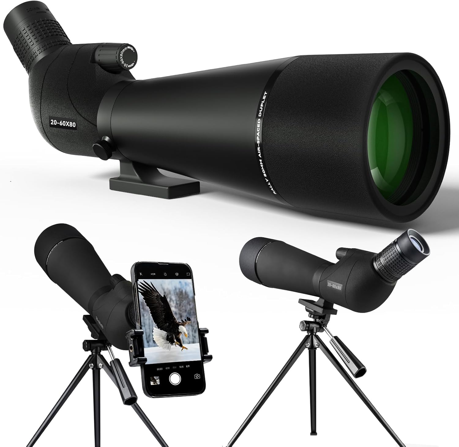 20-60x80 Spotting Scope for Target Shooting Spotter Scope with Tripod Phone Adapter BAK4 Monocular Telescope for Hunting Birdwatching Monocular Telescope Black