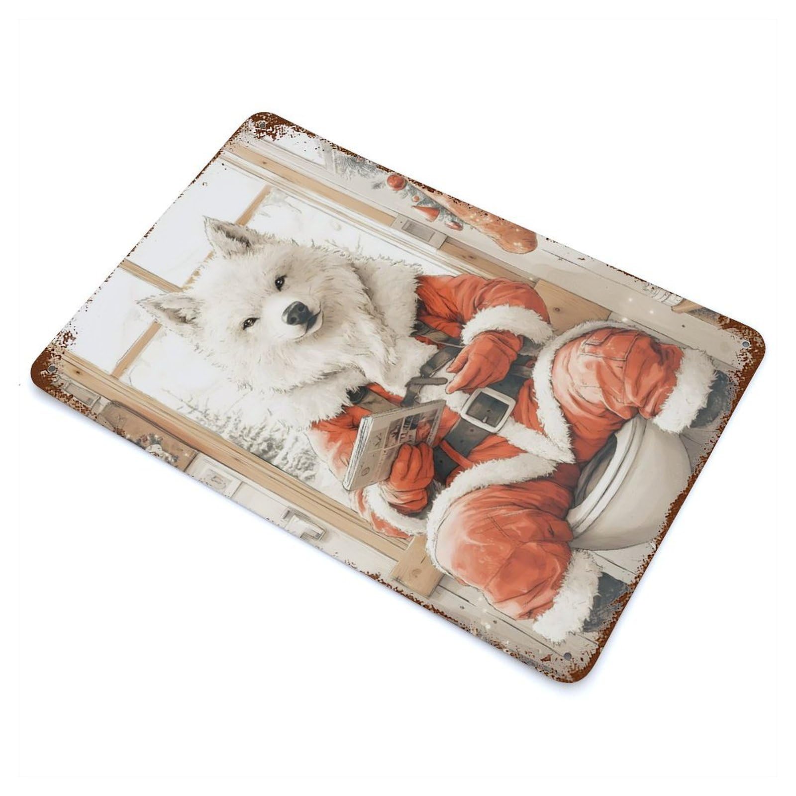 Wolf Santa on Toilet Decorative Tin Sign 11.8"x7.9", for Farmhouse, Kitchen And Entryway Decor, Shabby Chic Decor