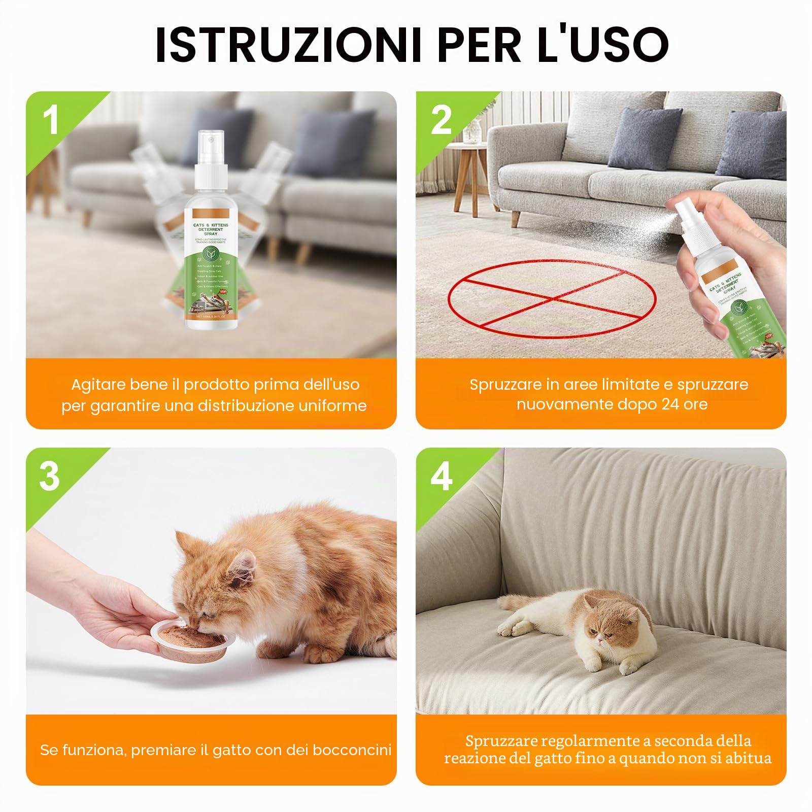 100ML Spray Repellente per Gatti, Spray Disabituante Gatti, Repellente Gatti e Spray AntiGraffio per Gatti Divano, Uso Interno ed Esterno, Protezione del Divano, Cavi, Vestiti, Piante e Mobili