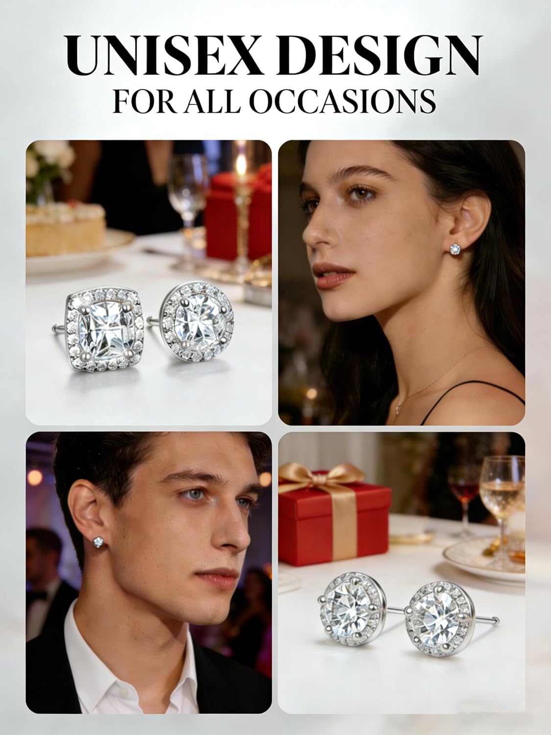 18K White Gold Plated Round & Square Cubic Zirconia Halo Stud Earrings Set, 925 Sterling Silver Hypoallergenic Studs for Women Men, Simulated Diamond Earrings (2 Pairs)