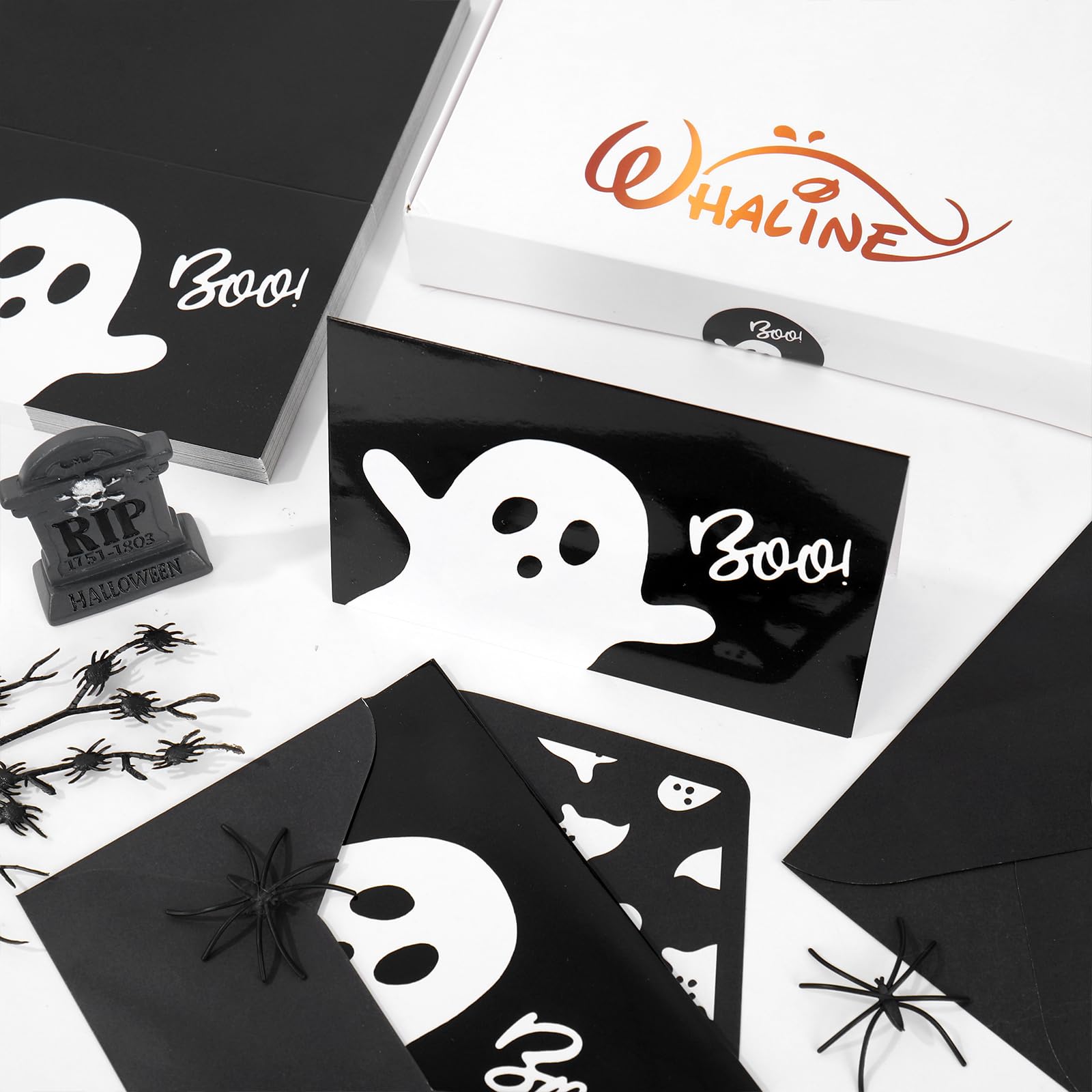 Whaline Lot de 50 cartes de vœux d'Halloween avec enveloppes et autocollants pour Halloween, anniversaire, fête prénatale, 10,2 x 15,2 cm