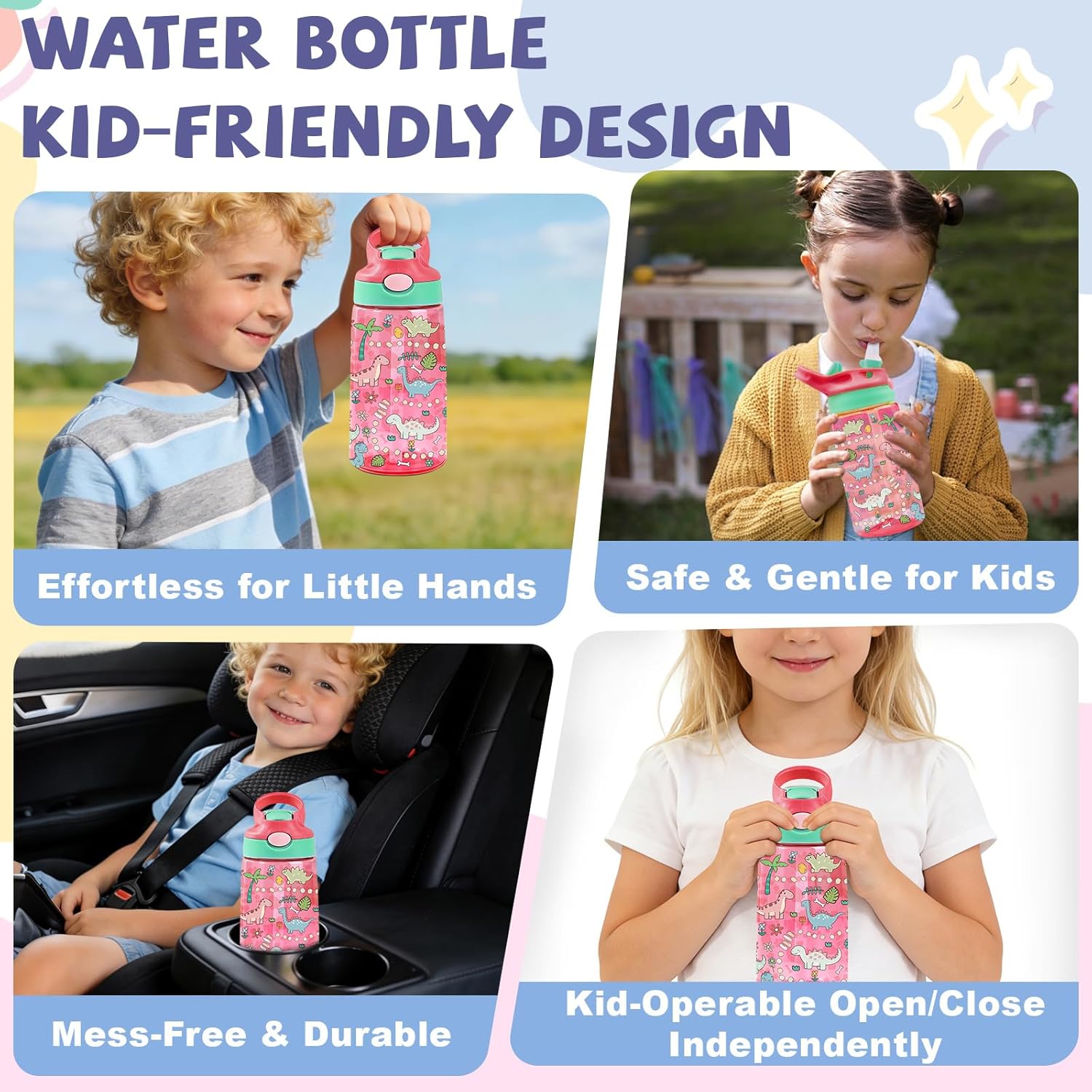 14oz Dinosaur Kids Water Bottle with Straw Lid - Cute Water Bottles for Kids, Leakproof, Lightweight, Durable Plastic Bottles for School, Pop-Up Straw Cover, Gift Cup for Girls Boys (Dinosaur) - Image 7