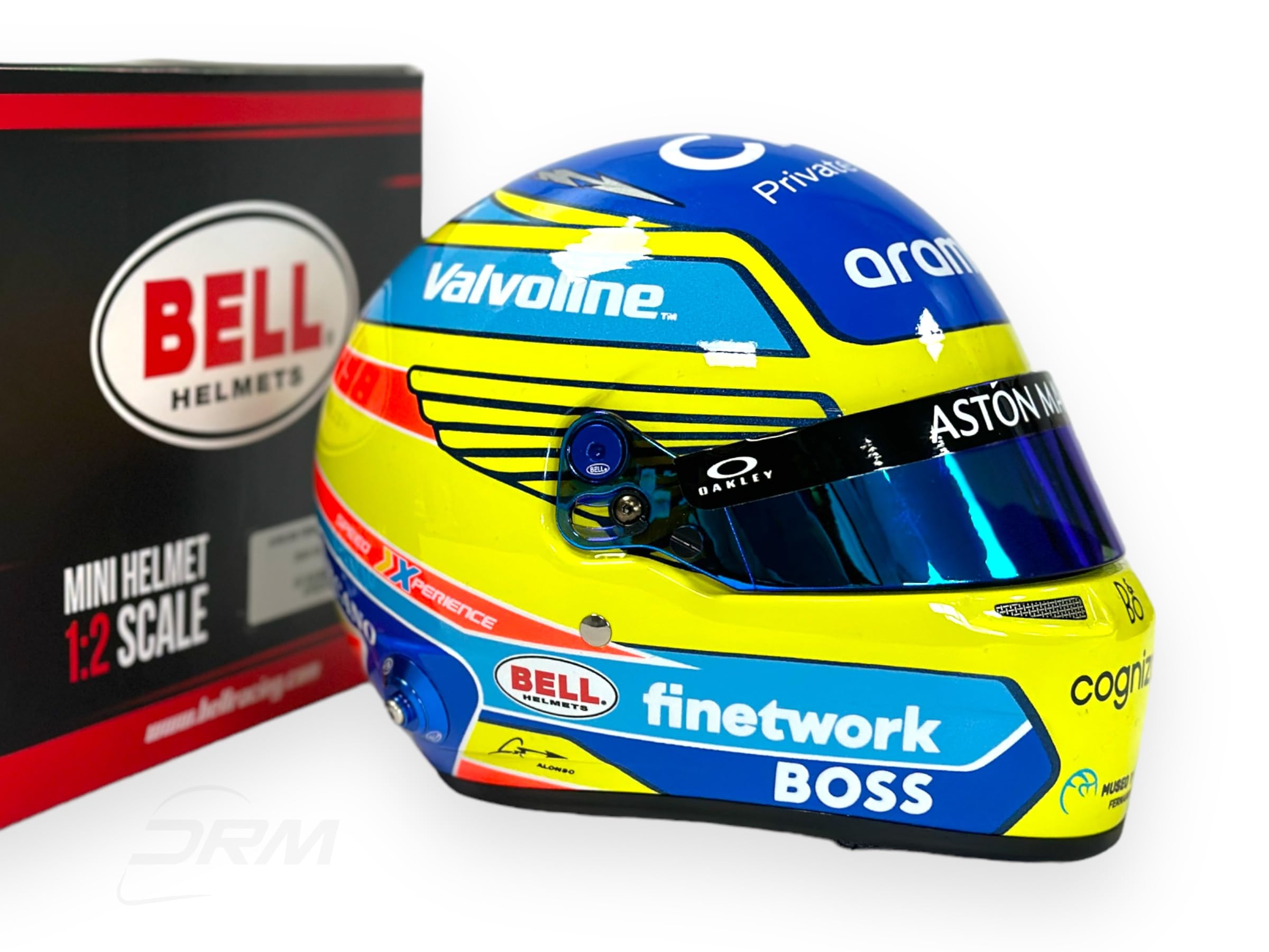 Aston Martin F1 Team - Casco en miniatura a escala 1/2 de Fernando Alonso 2024 - Casco oficial Bell - Azul/Amarillo
