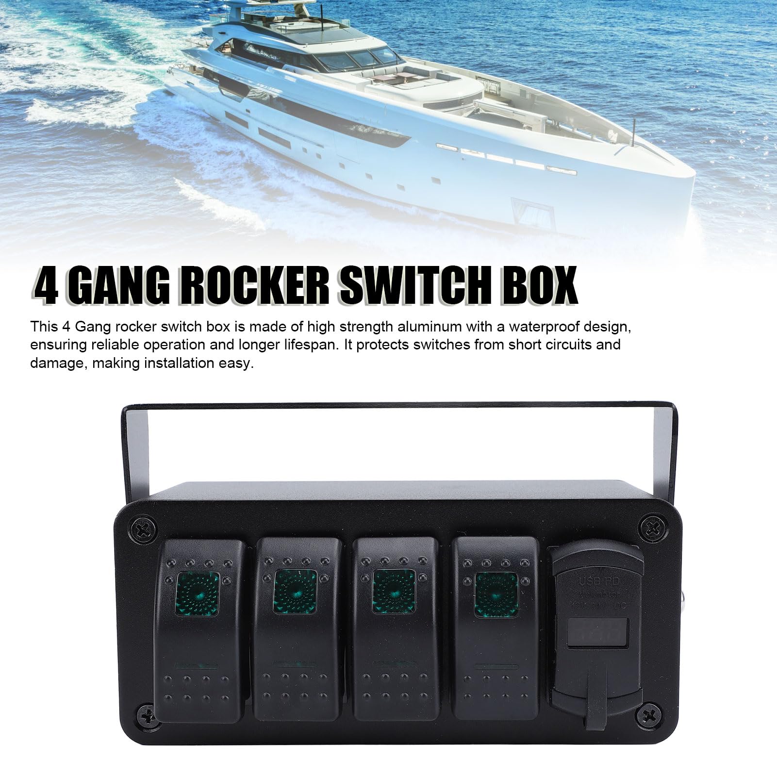 Generic 4-biegowa, Wstępnie Okablowana Skrzynka Rozdzielcza Stop Aluminium ze Wskaźnikiem Napięcia dla Ciężarówki RV Boat UTV ATV (zielone światło)