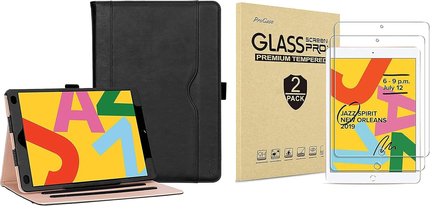 ProCase iPad 10.2" Case 2019 7th Generation iPad Leather Case Bundle with 2 Pack iPad 10.2 7th Gen Tempered Glass Screen Protector