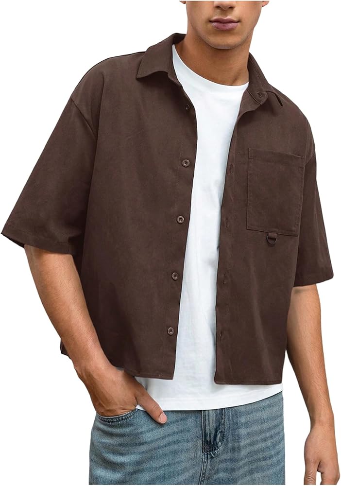 mens brown short sleeve dress shirt 1950s Men's One Piece Collar Linen Short Sleeve Shirt - Brown main image 1