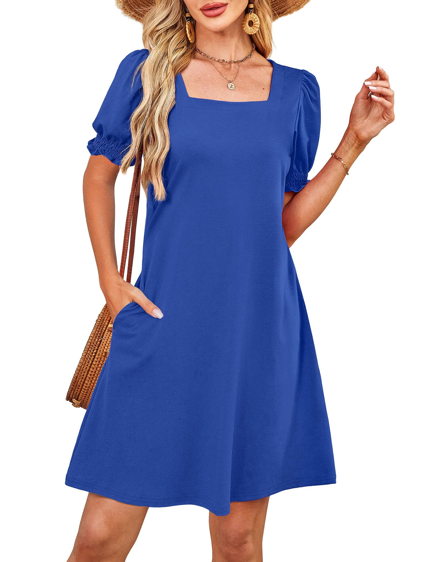 RUMIA Summer Dresses for Women 2025 Casual Cute Square Neck Puff Short Sleeve Dress with Pockets