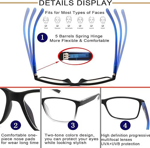 Miniatura 4 de Progressive - Lentes de lectura multienfoque para hombres, con bloqueo de luz azul, multifocales para computadora con bisagra de resorte, paquete de