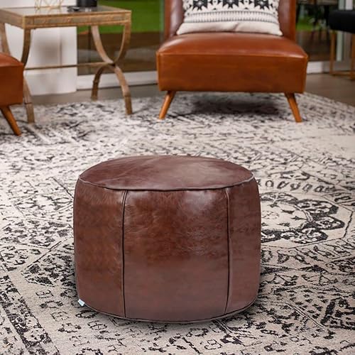 Miniatura 2 de Puf otomano de cuero sintético hecho a mano de lujo sin relleno, reposapiés de piso, solución de almacenamiento – Taburete redondo pequeño de 20 x
