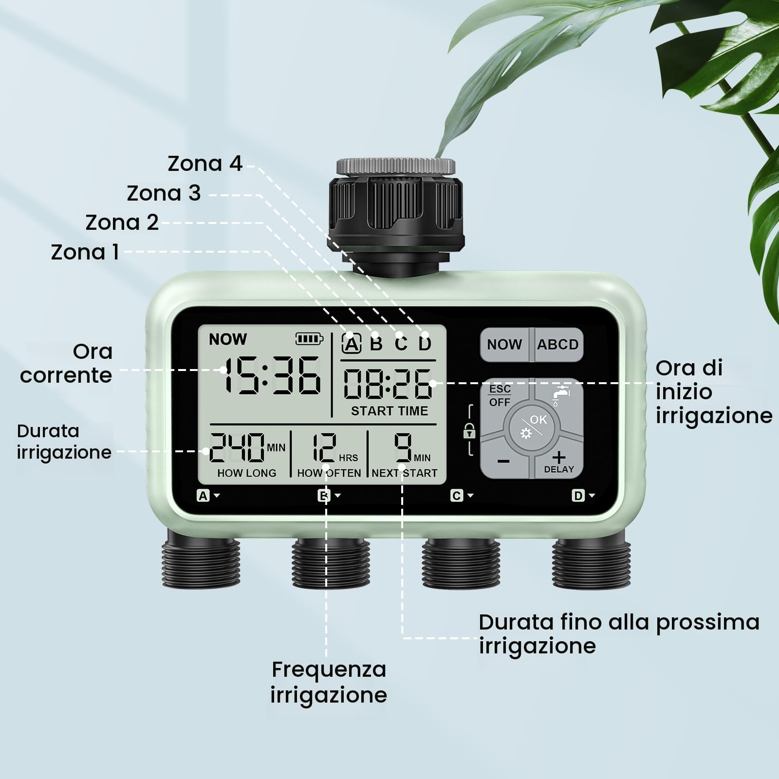 Johgee Computer di irrigazione con 4 uscite controllate indipendentemente, orologio di irrigazione digitale con display LCD, controllo di irrigazione automatico/manuale