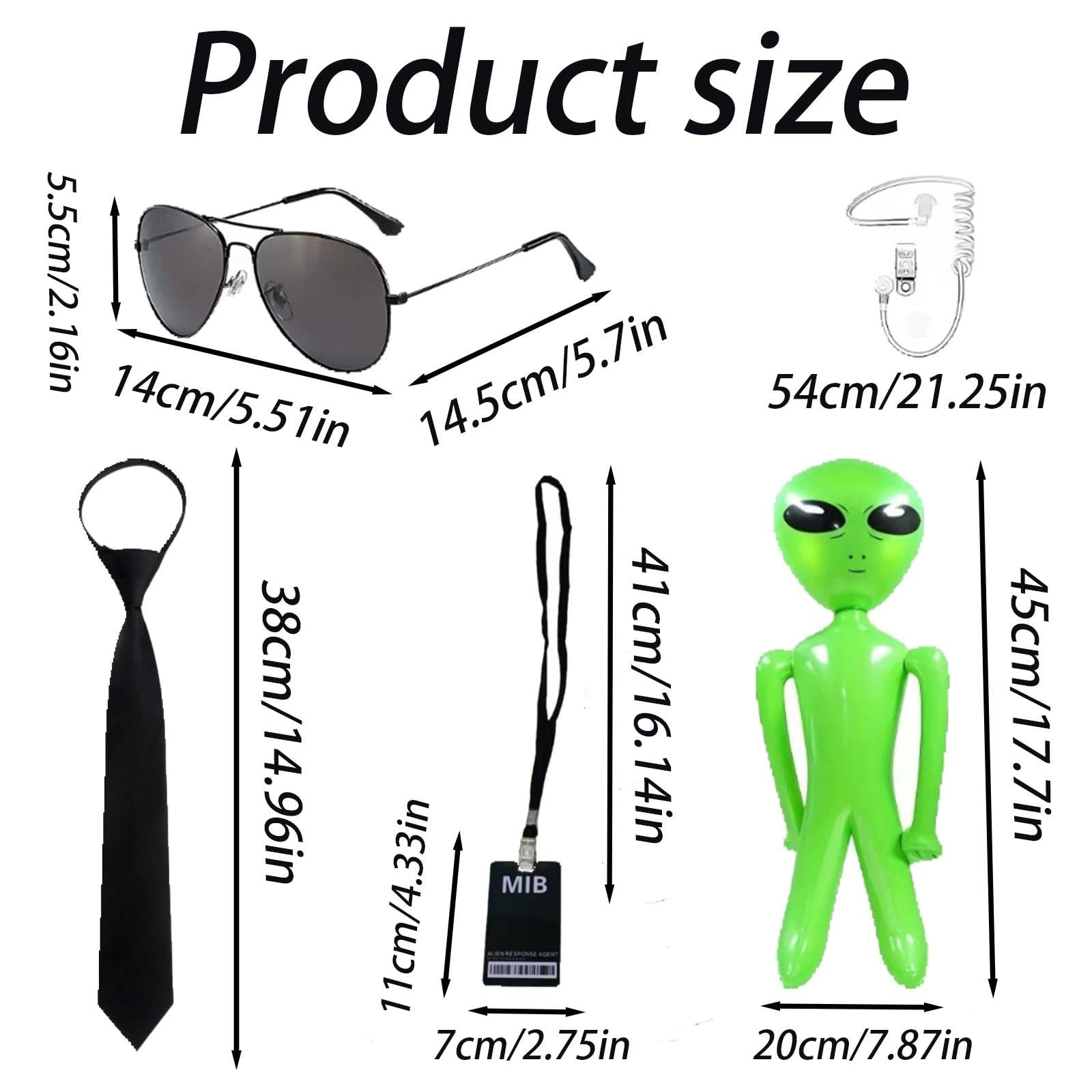 Dinghaole 10Pcs Agent Outfit With Inflatable Green Alien, Black Tie, Sunglasses, Headphones, And ID Card Holder - Image 2