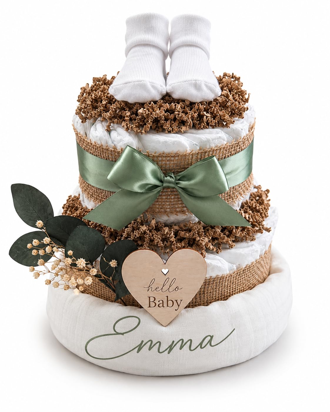 Boho Windeltorte mit Namen personalisiert, Geschenk zur Geburt, 36 Premium Protection Gr. 2, Mullwindel 80x80 cm, Babysocken, Babygeschenk Mädchen Junge Neutral