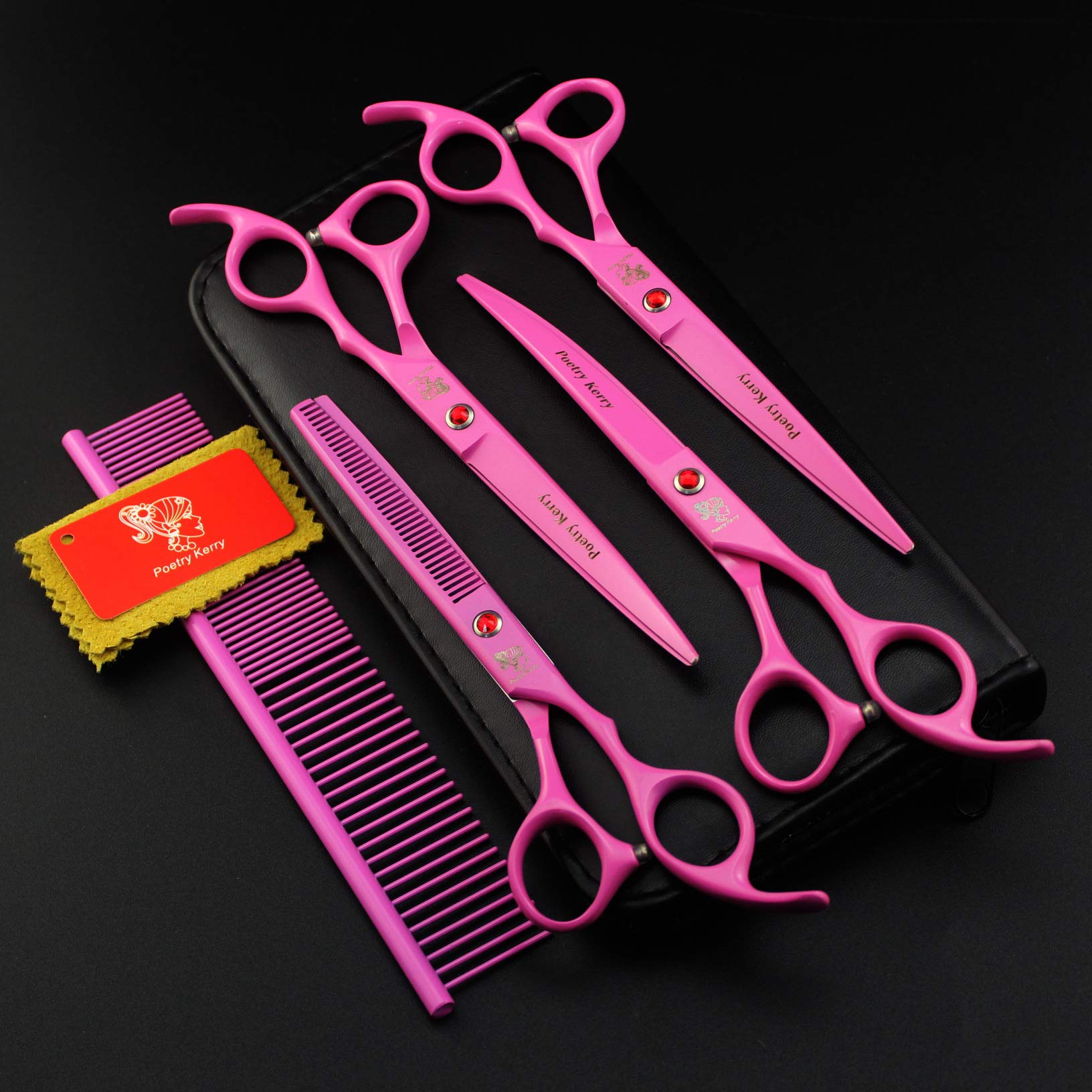 7 pulgadas Japón 440C material doble mango tijeras de peluquería para mascotas suministros de peluquería 4 piezas tijeras planas tijeras curvas tijeras finas Set asequible Enviar peine (juego rosa)