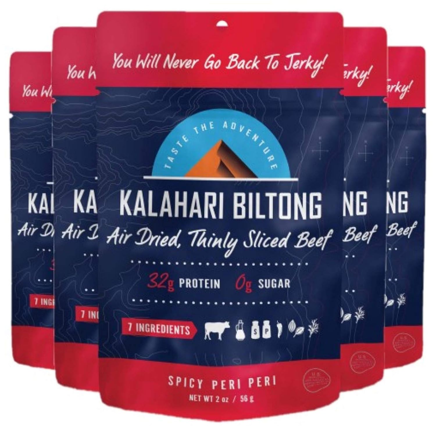 Kalahari Biltong | Air-Dried Thinly Sliced Beef | Spicy Peri Peri | 2oz (Pack Of 5) | Sugar Free | Keto & Paleo | Gluten Free | Better Than Jerky