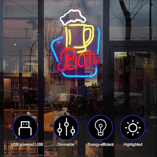 Miniatura 4 de FITNATE Letrero de barra de neón, letrero de neón de cerveza para decoración de pared, letrero de luz LED de neón ajustable con brillo ajustable por