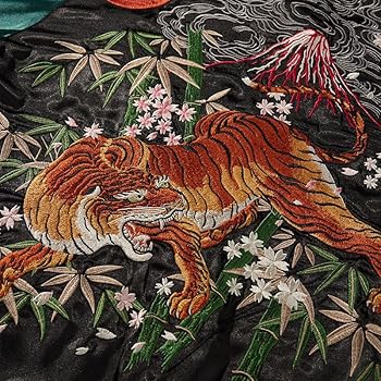 【バンビモンチッチ】USED 横須賀どぶ板通り スカジャン 虎 ブラック 横須賀発祥 スカジャン Yokosuka刺繍入り SUKAJAN 龍虎 Tiger
