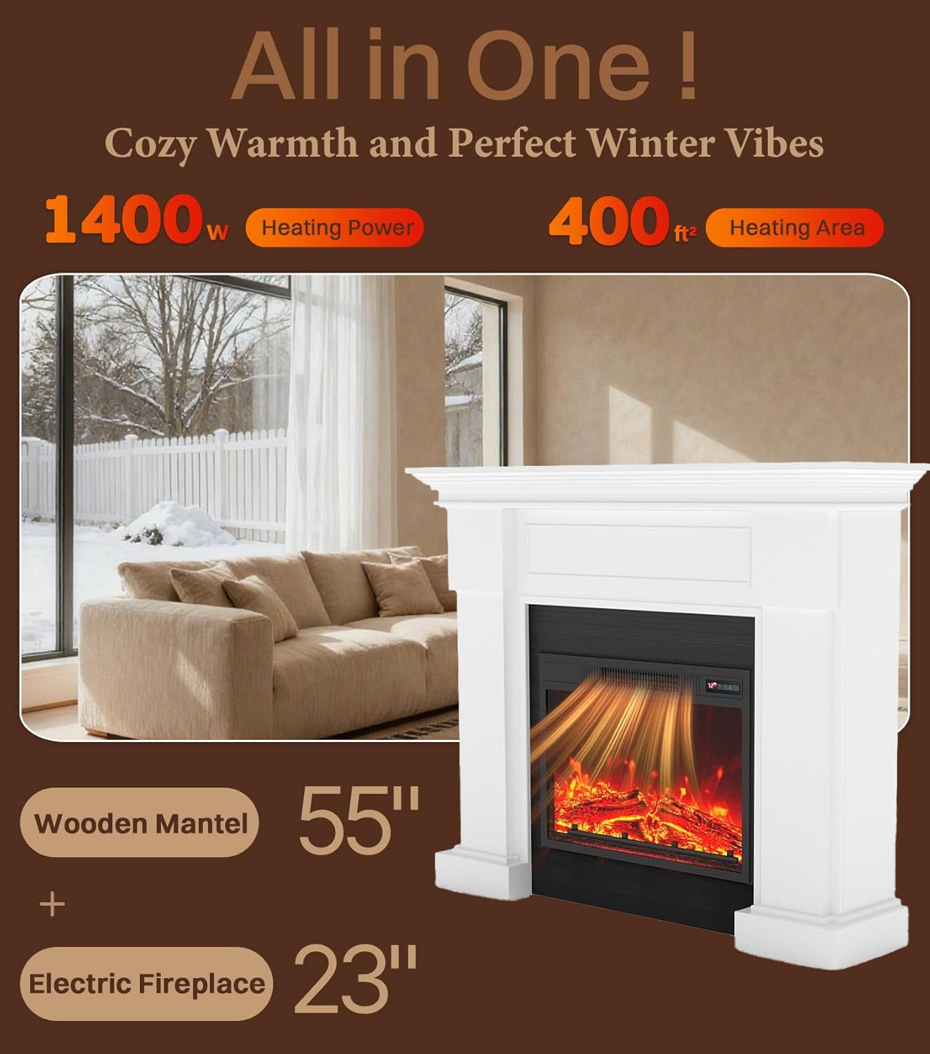 55" Electric Fireplace with Mantel, TV Stand＆Freestanding Fireplace, 23 inch Electric Fireplace Heater with 4 Flame Levels, Remote Control, One Package＆Easy to Set, for Living Room/Bedroom