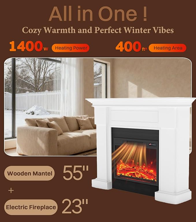 Chimenea Eléctrica 55" con Manto, Soporte TV y Calefactor, 4 Niveles de Llama, Control Remoto miniatura 3