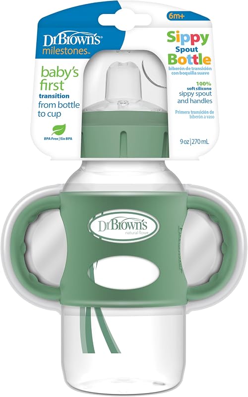 Dr. Brown's Milestones Wide-Neck Sippy Spout Bottle with 100% Silicone Handles, Easy-Grip Handles with Soft Sippy Spout, 9oz/270mL, Green, 1-Pack, 6m+