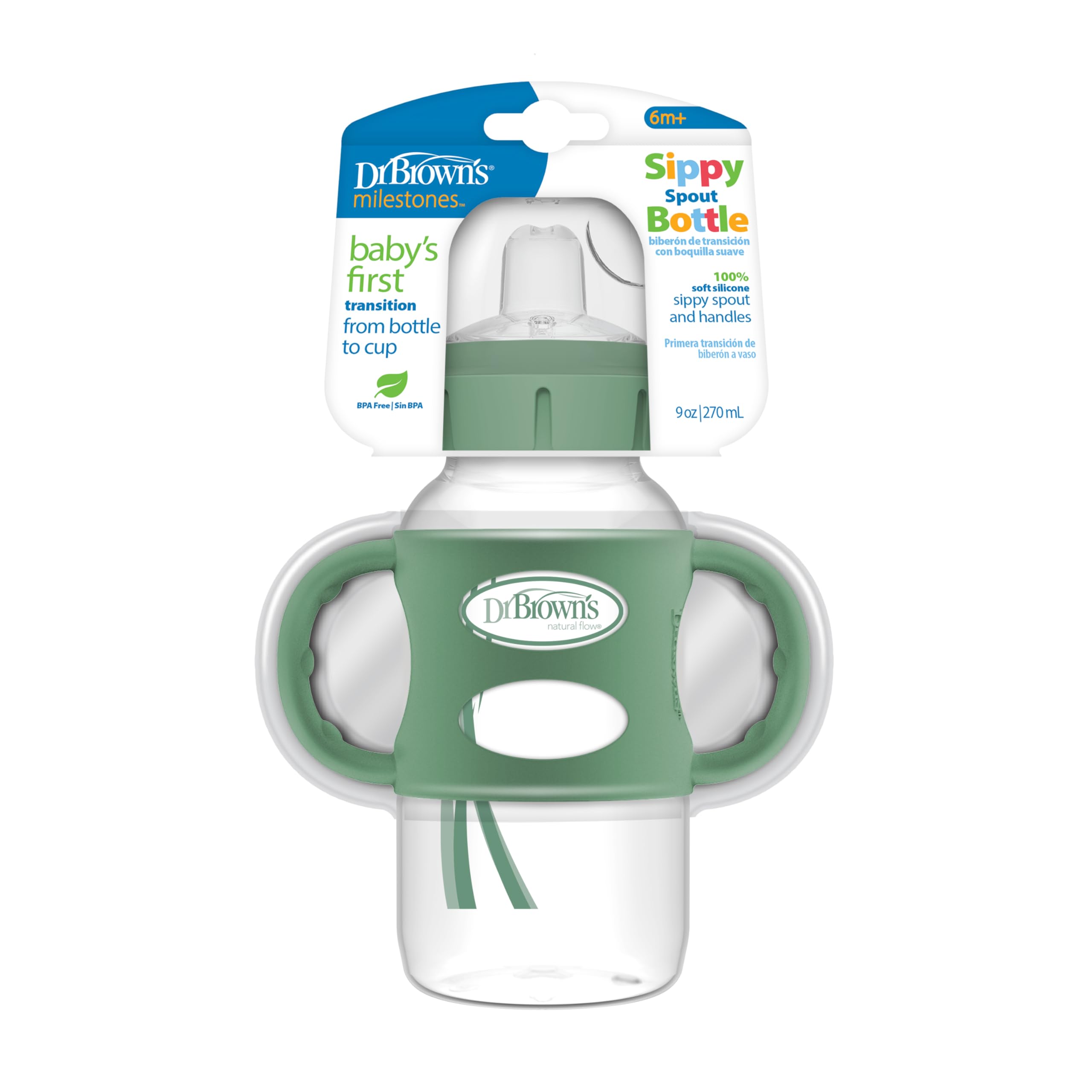 Dr. Brown's Milestones Wide-Neck Sippy Bottle with 100% Silicone Handles, Easy-Grip Bottle with Soft Sippy Spout, 9oz/270ml, 6m+, Khaki Green, 1-Pack, BPA Free