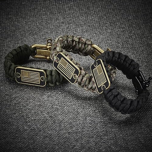 Miniatura 7 de Onewly Pulseras de cuerda de paracaídas con bandera de Estados Unidos de bronce, regalos para veteranos militares con pulsera táctica de Negro y