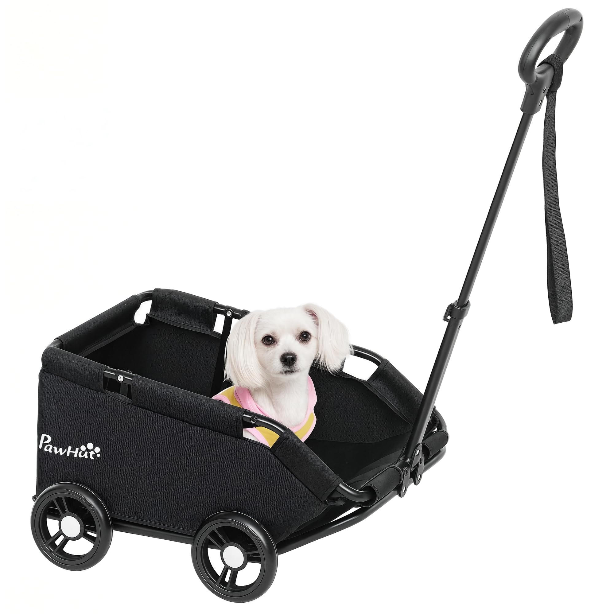 PawHut Carrito para Perros Plegable Cochecito para Mascotas Carrito para Perros Miniatura con Barra de Empuje Ajustable Diseño Abierto Cojín Bolsa de Almacenamiento y Ruedas 53x45x28 cm Negro
