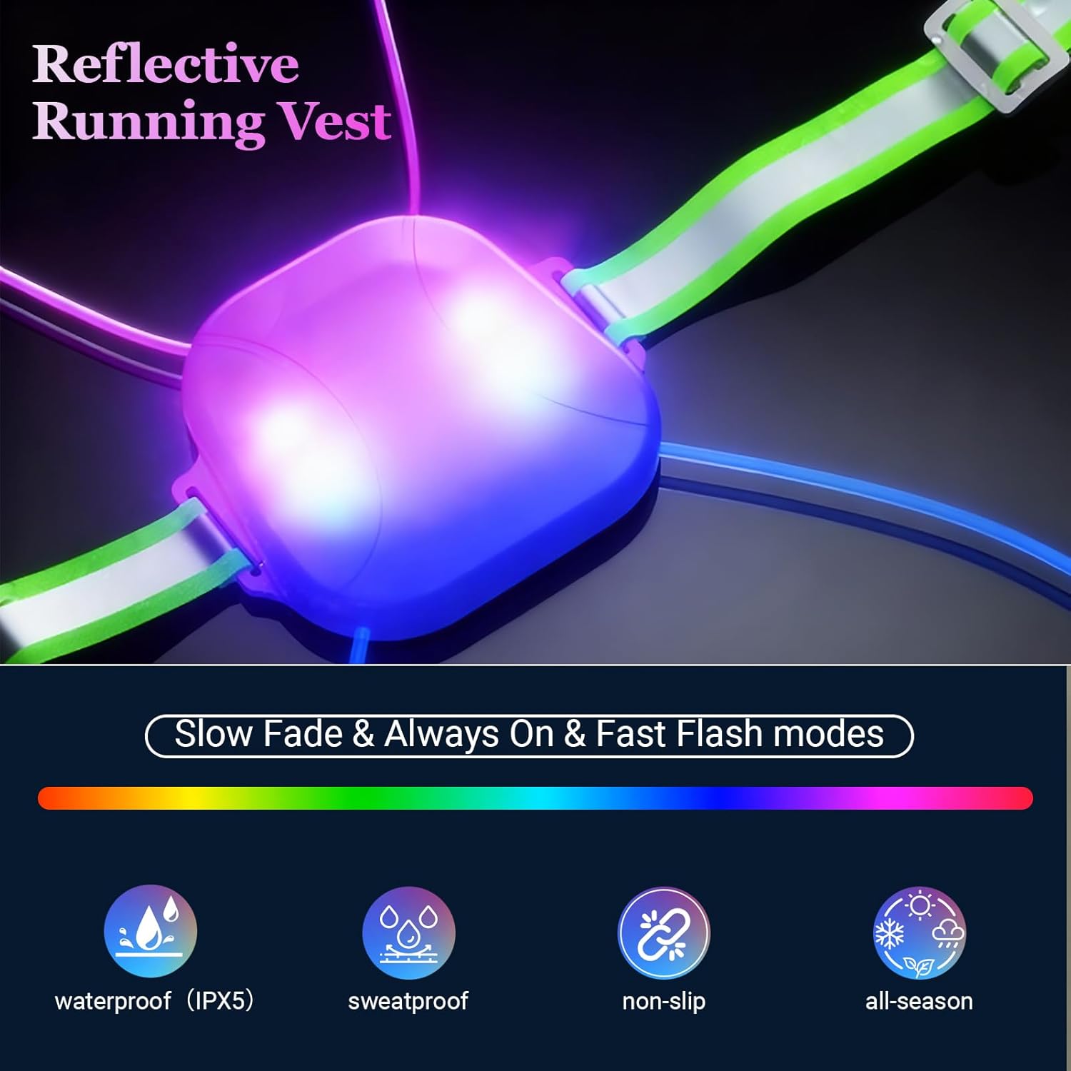 Reflective Running Vest:Rechargeable LED Running Gear with 3 Modes & 7 Colors, Adjustable Running Lights for Runners, Reflective Safety Vest for Night Running, Cycling, Walking,Hiking(Large)