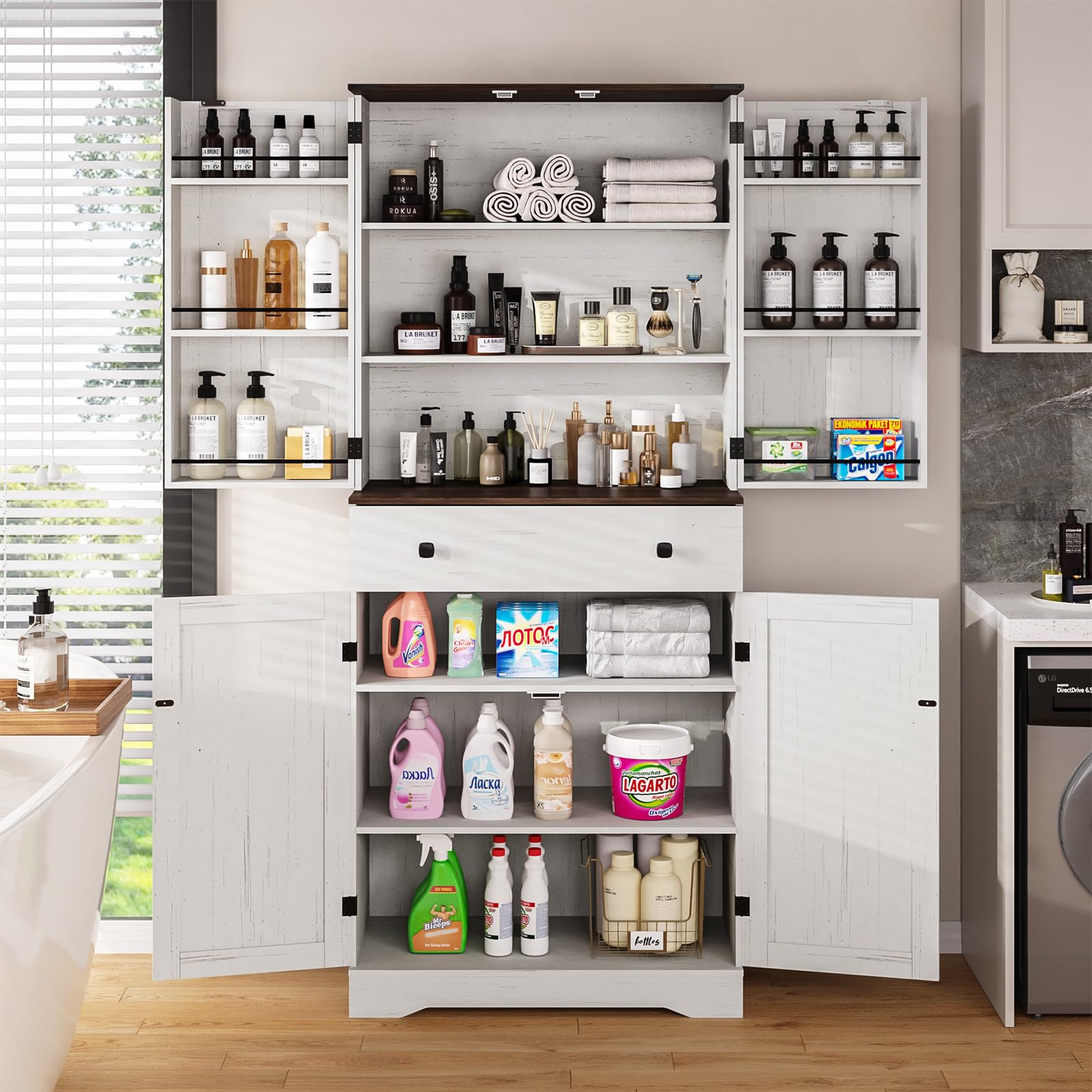 71" Farmhouse Kitchen Pantry Cabinet with Barn Doors & Large Drawer, Tall Kitchen Storage Organizer with Vintage Handle and Adjustable Shelve for Dining Room, Laundry Room Living Room, White