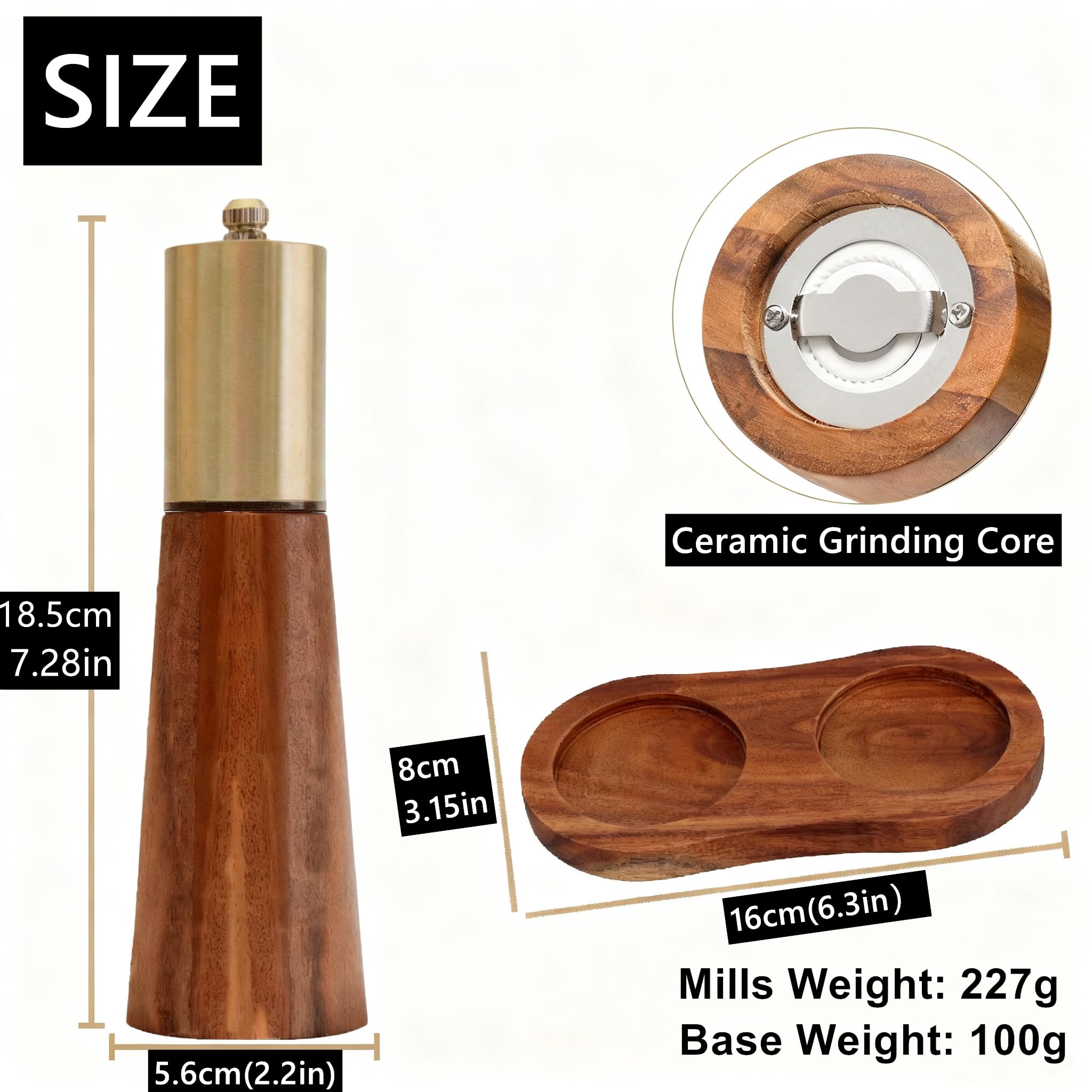 Moulin à Sel et Poivre en Bois d'Acacia, 2 Pièces 18,5 cm, Réglage Céramique