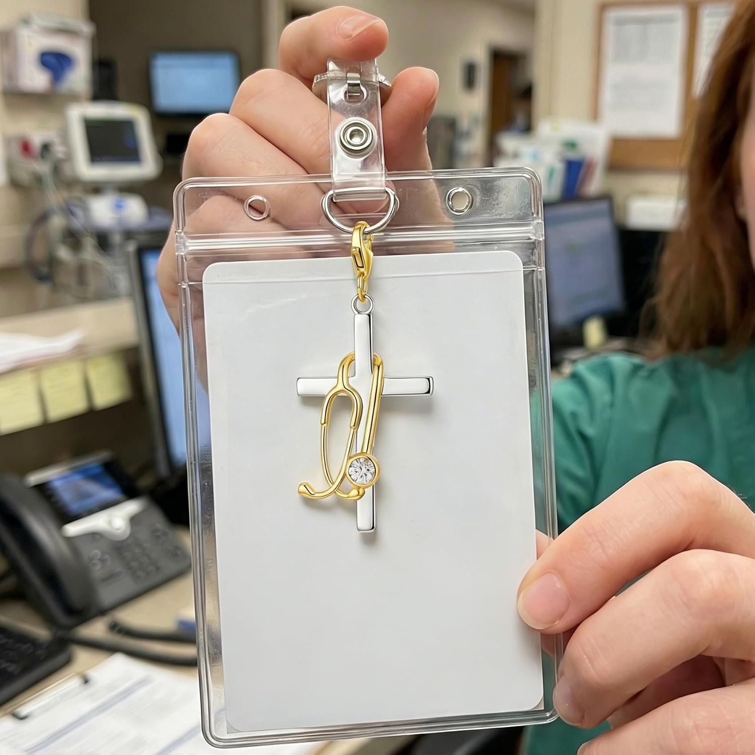 1pc Cross Stethoscope Charm, 2.36x0.98in, Gold
